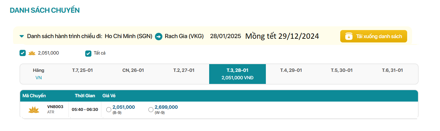 Hồ Chí Minh - Rạch Giá 28/01/2025 mồng Têt 29/12/2025