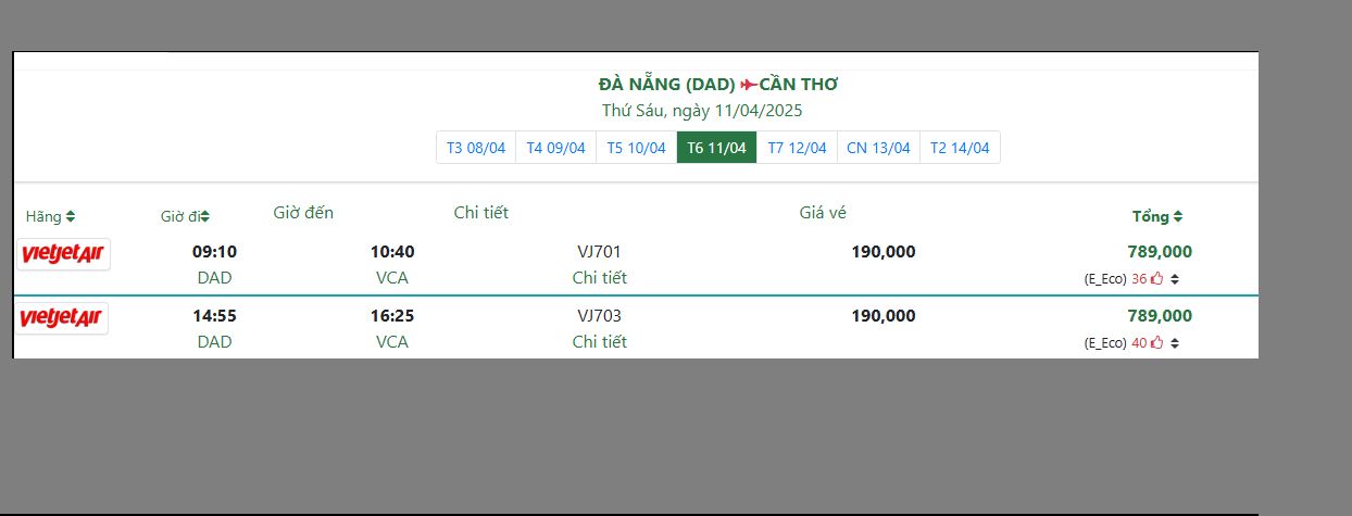 ĐÀ NẴNG (DAD) CẦN THƠ Thứ Sáu, ngày 11/04/2025