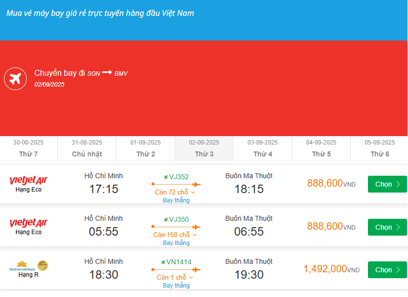 Hồ Chí Minh - Buôn Ma Thuột  02/09/2025