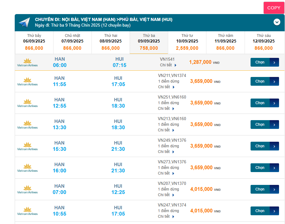 Nội Bài (HAN) - Phú Bài (HUI) 09/09/2025