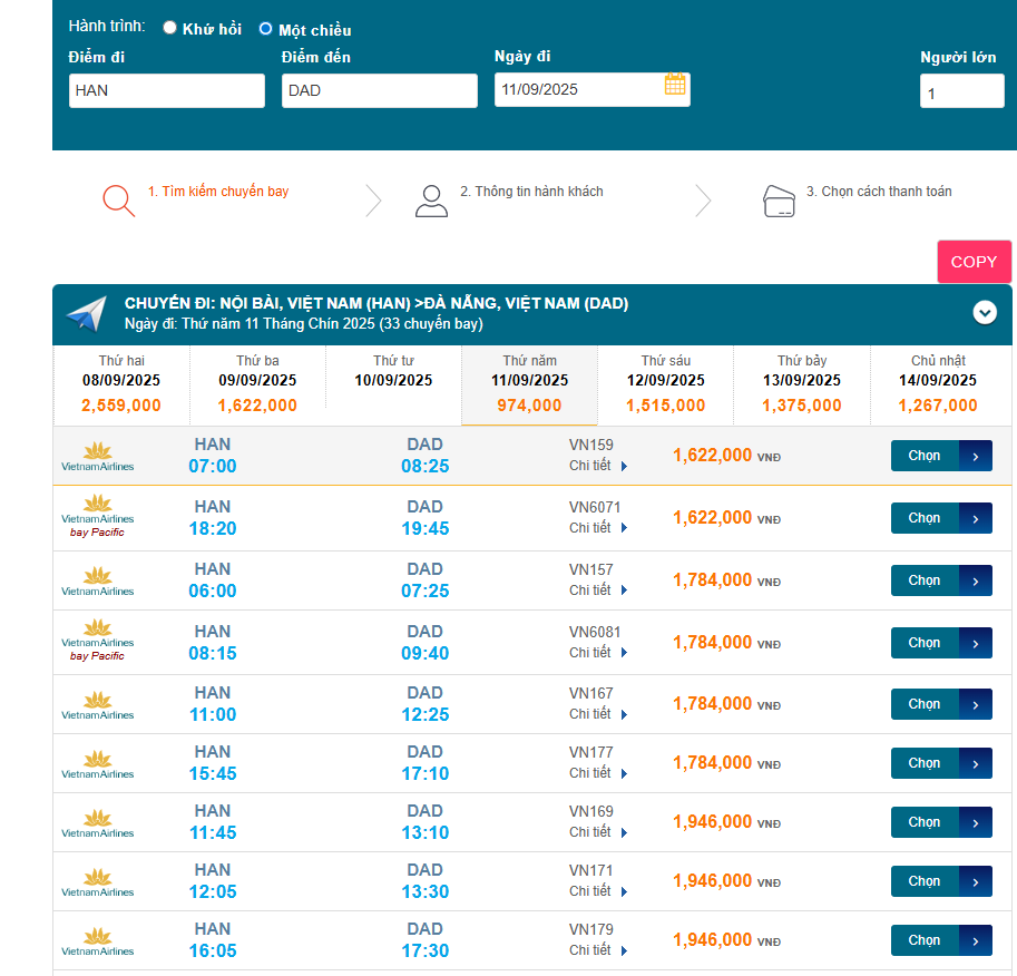 Nội Bài (HAN) - Đà Nẵng (DAD) 11/09/2025
