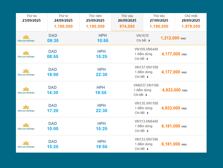 Đà Nẵng (DAD) - Cát Bi (HPH) 26/09/2025