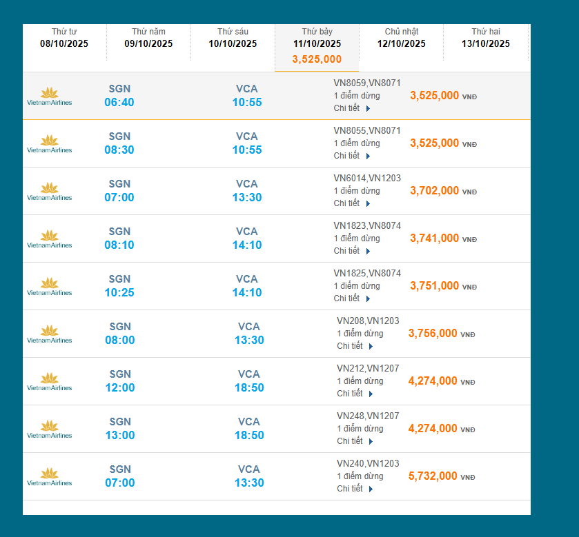 Tân Sơn Nhất (SGN) - Trà Nóc (VCA) 11/10/2025