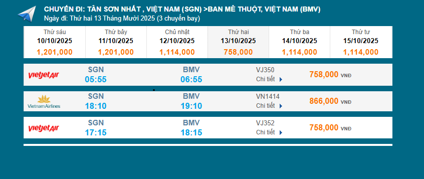 Tân Sơn Nhất (SGN) - Ban Mê Thuột (BMV) 13/10/2025
