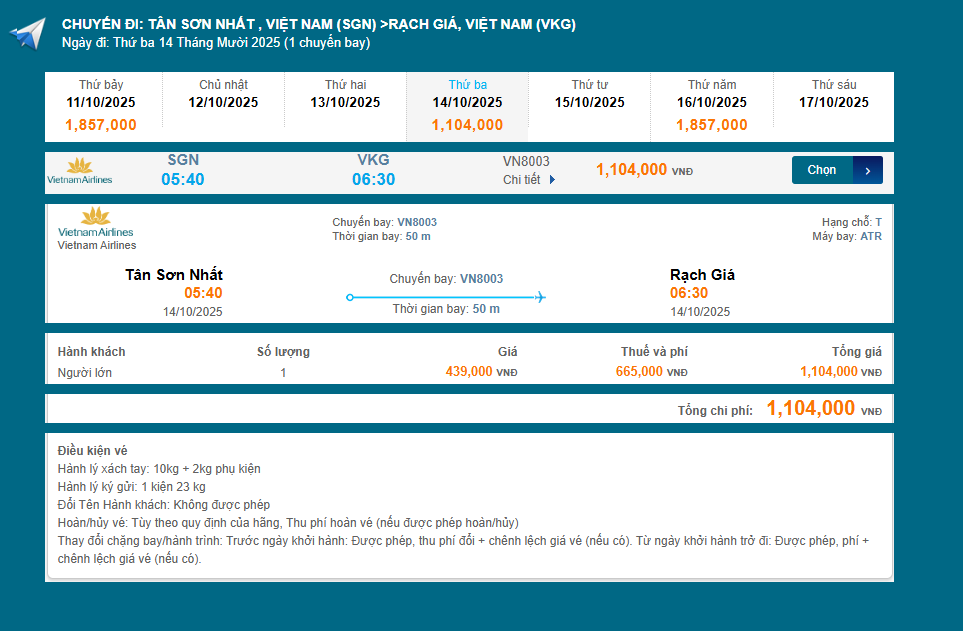 Tân Sơn Nhất (SGN) - Rạch Giá (VKG) 14/10/2025