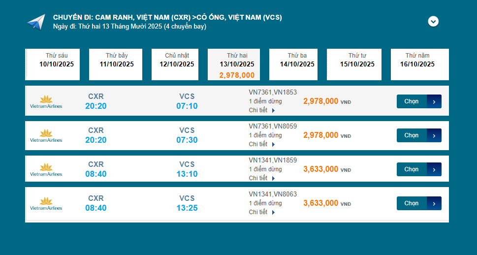 Cam Ranh (CXR) - Cỏ Ống (VCS) 13/10/2025