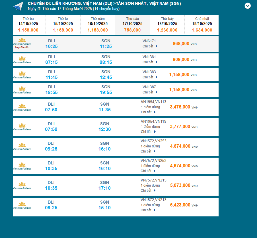 Liên Khương (DLI) - Tân Sơn Nhất (SGN) 17/10/2025