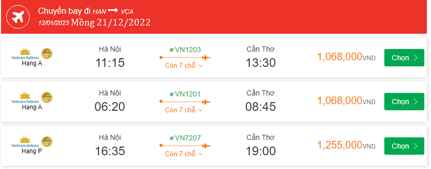 vé tết Hà Nội → Cần Thơ Mồng 21/12/2022