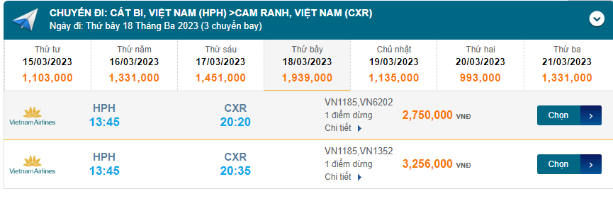 Hải Phòng (HPH) Đến Nha Trang (CXR) 18/03/2023