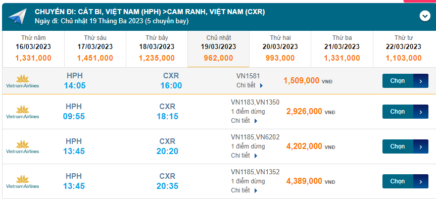 Hải Phòng (HPH) Đến Nha Trang (CXR) 19/03/2023