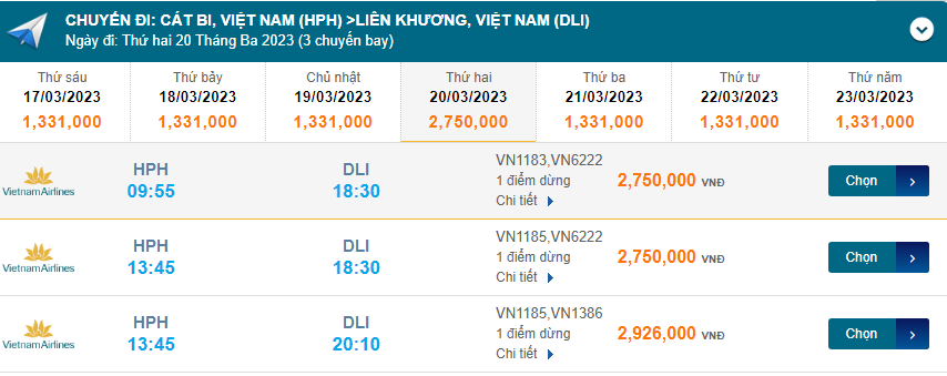 Hải Phòng (HPH) Đến Đà Lạt (DLI) 20/03/2023