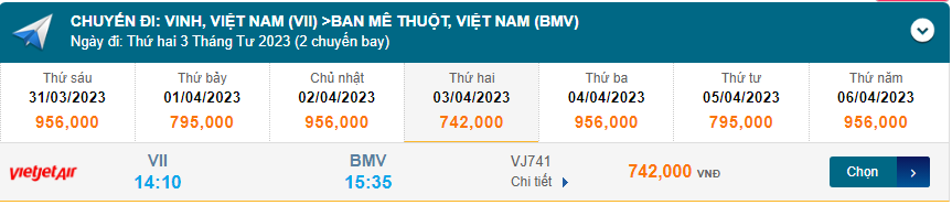 Vinh (VII) Đến Ban Mê Thuột (BMV) 03/04/2023