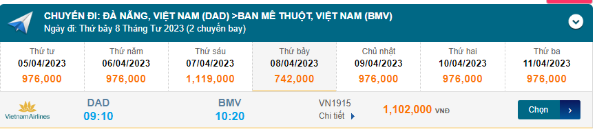 Đà Nẵng (DAD) Đến Ban Mê Thuột(BMV) 08/04/2023