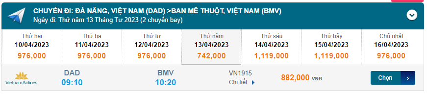 Đà Nẵng (DAD) Đến Ban Mê Thuột (BMV) 13/04/2023