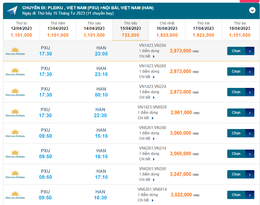 Pleiku (PXU) Đến Nội Bài (HAN) 15/04/2023
