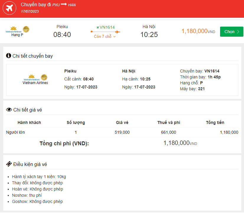 Pleiku Đến Hà Nôi 17/07/2023