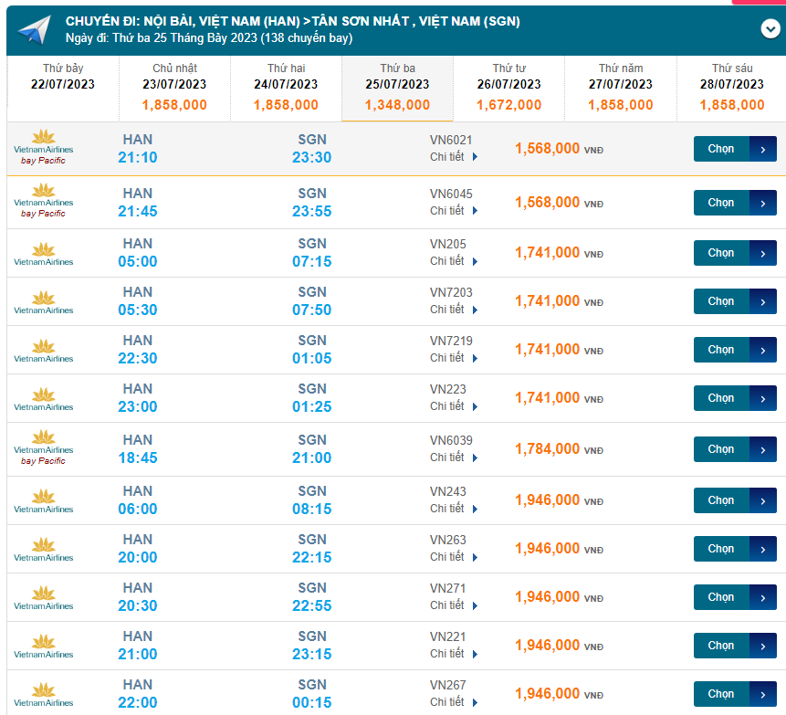 Nội Bài (HAN) đến Tân Sơn Nhất (SGN) Thứ ba 25/07/2023