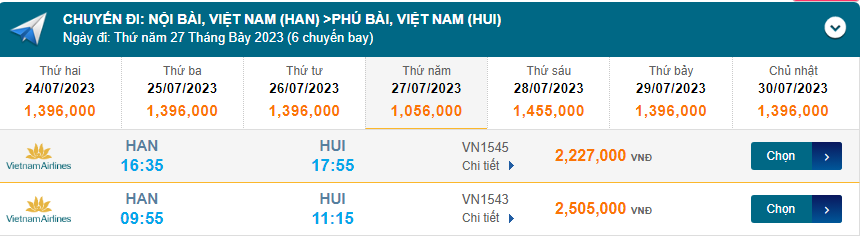 Nội Bài (HAN) đến Phú Bài (HUI) Thứ ba 27/07/2023