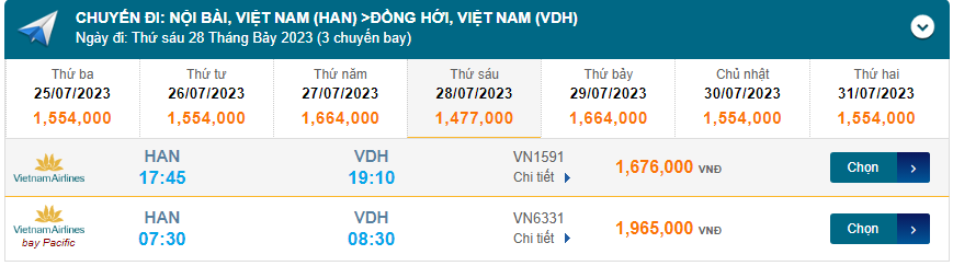 Nội Bài (HAN) đến Đồng Hới (VDH) Thứ ba 28/07/2023