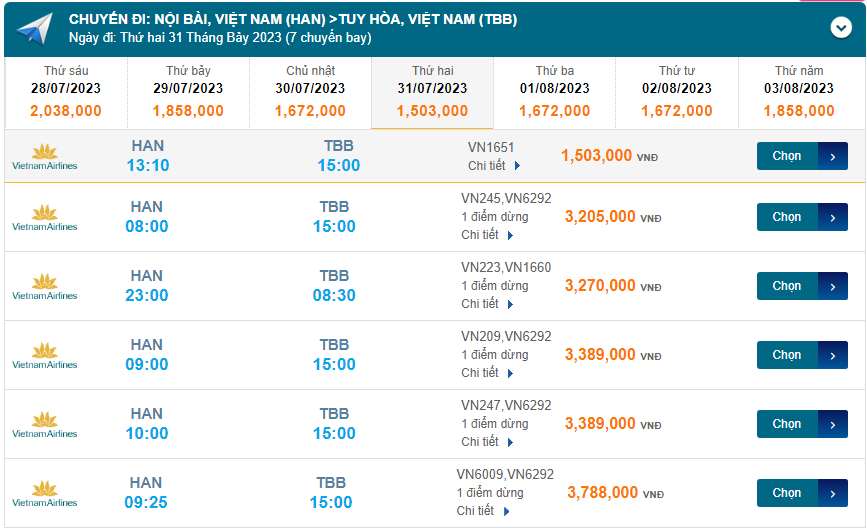 Nội Bài (HAN) đến Tuy Hòa (TBB) Thứ bảy 31/07/2023