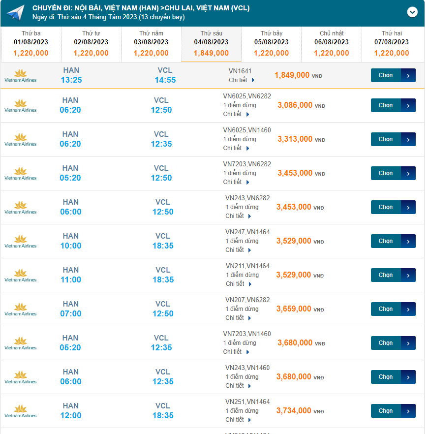 Nội Bài (HAN) đến Chu Lai (VCL) Thứ Sáu 04/08/2023