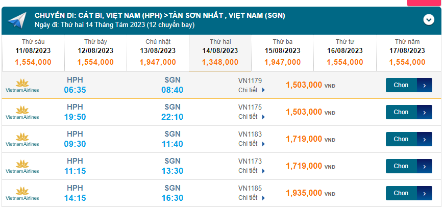 Cát Bi (HPH) đến Tân Sơn Nhất (SGN) thứ hai 14/08/2023