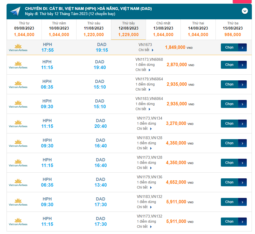 Cát Bi (HPH) đến Đà Nẵng (DAD) thứ bảy 12/08/2023