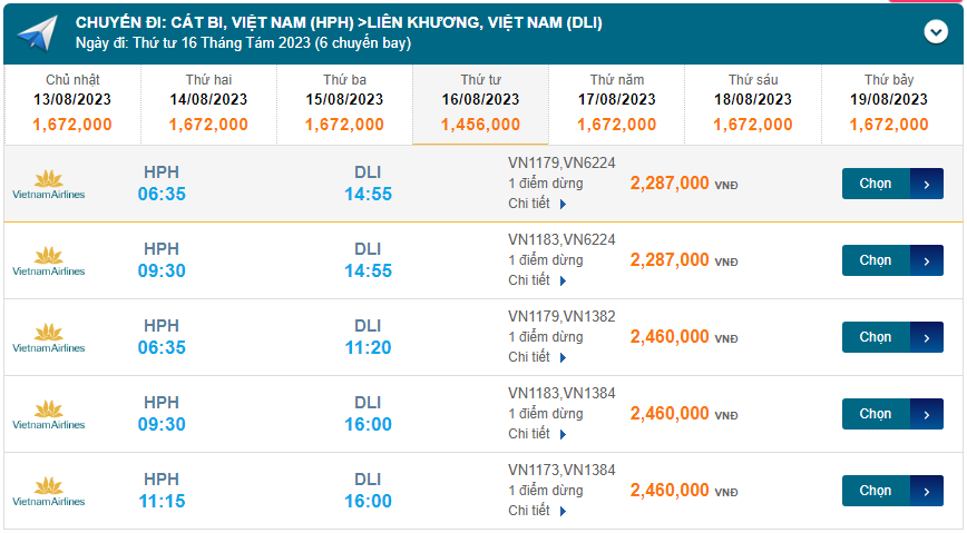 Cát Bi (HPH) đến Chu Lai (VCL) Thứ  tư 18/08/2023