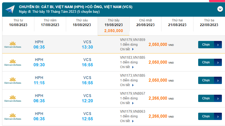 Cát Bi (HPH) đến Cỏ Ống (VCS) Thứ bảy 19/08/2023