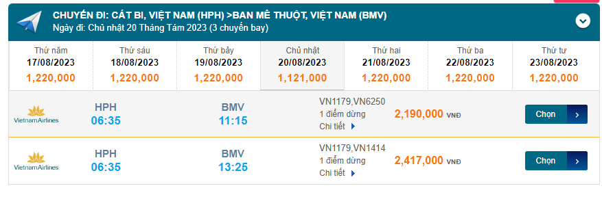 Cát Bi (HPH) đến Ban Mê Thuột (BMV) Chủ nhật 20/08/2023