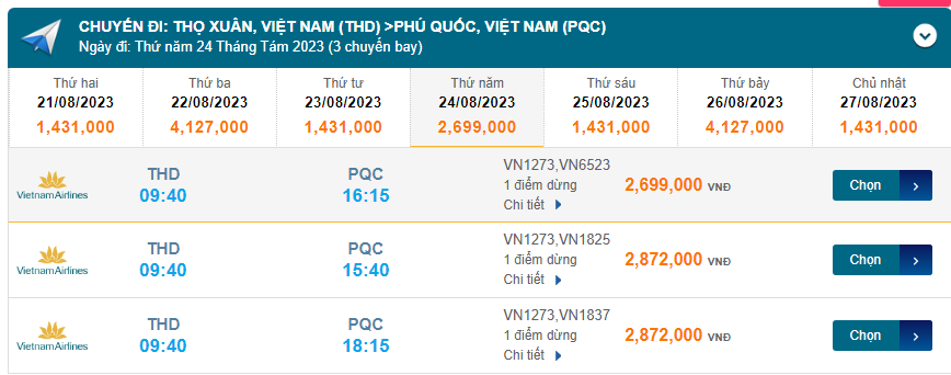 Thọ Xuân (THD) đến Phú Quốc (PQC) Thư năm 24/08/2023