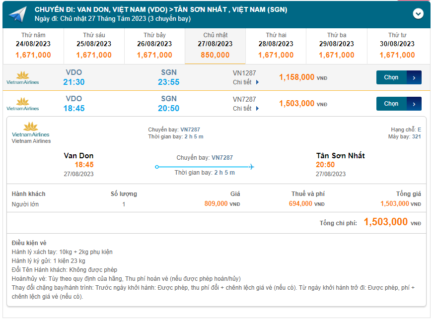 Van Don (VDO) đến Tân Sơn Nhất (SGN) chủ nhật 27/08/2023