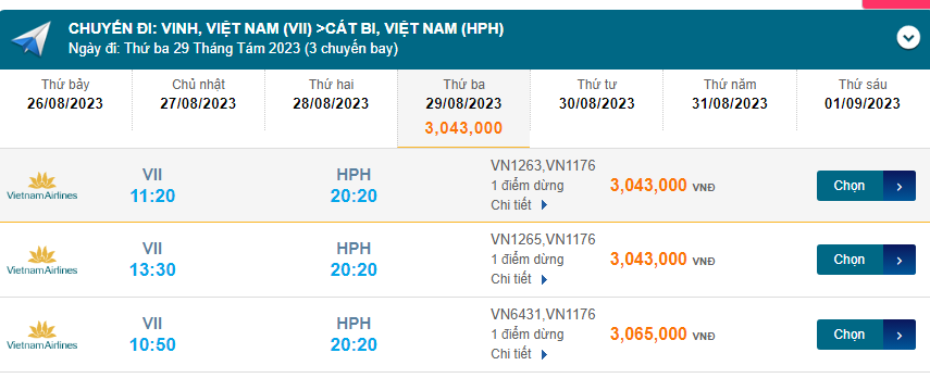 Vinh (VII) đến Cát Bi (HPH) thứ ba 29/08/2023