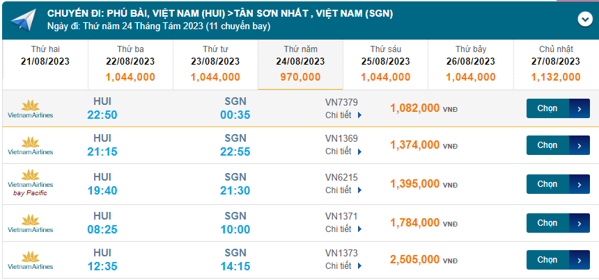 Phú Bài (HUI) đến Tân Sơn Nhất (SGN) thứ năm 24/08/2023