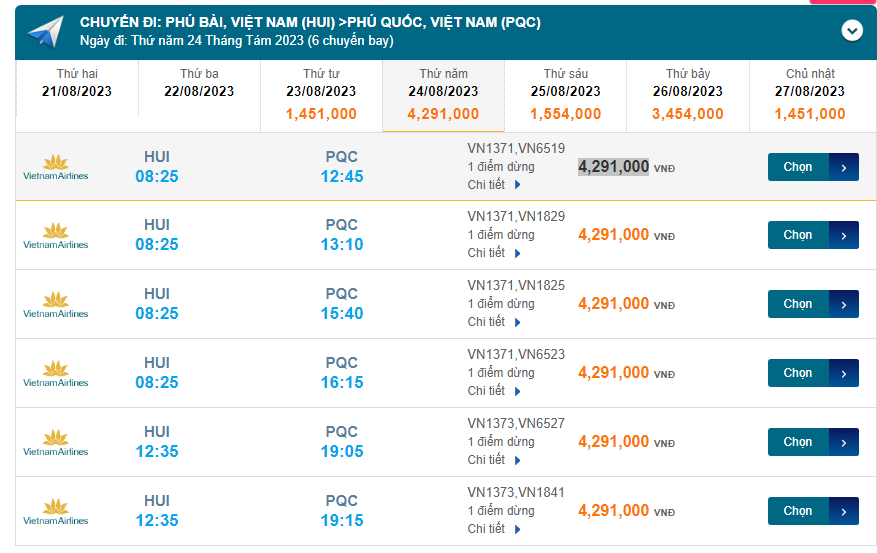 Phú Bài (HUI) đến Phú Quốc (PQC) thứ năm 24/08/2023