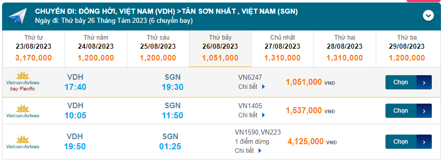 Đồng Hới (VDH) đến Tân Sơn Nhất (SGN) thứ bảy 26/08/2023