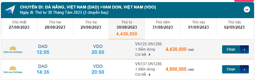 Đà Nẵng (DAD) đến Van Don (VDO) thứ tư 30/08/2023