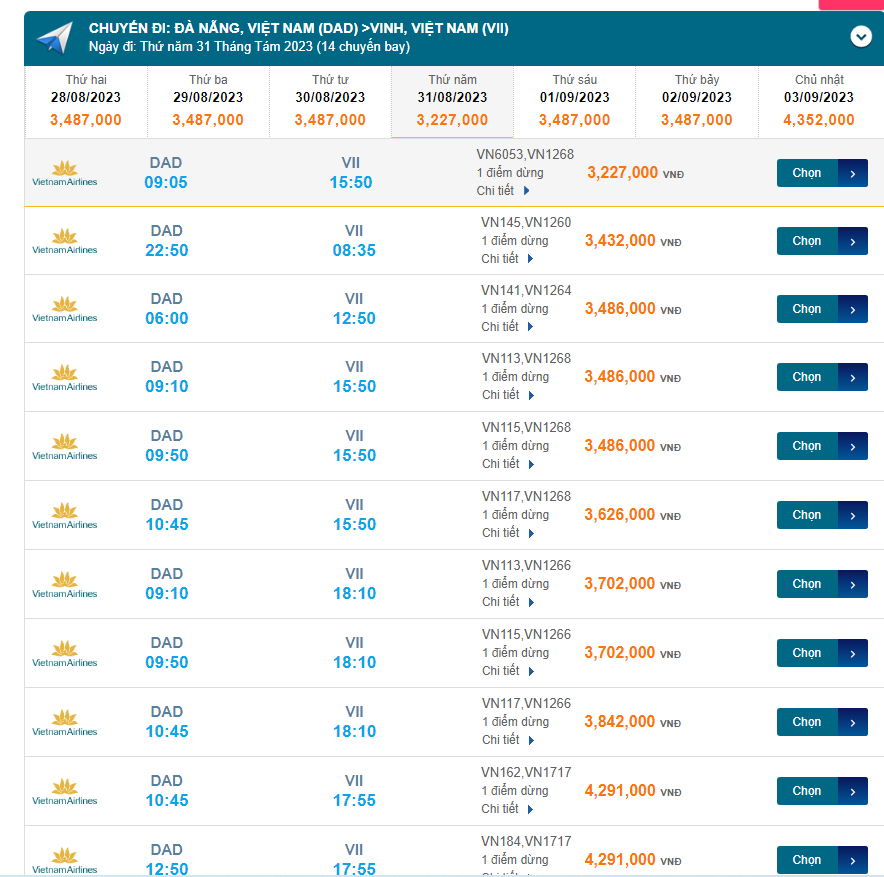 Đà Nẵng (DAD) đến Vinh (VII) thứ năm 31/08/2023