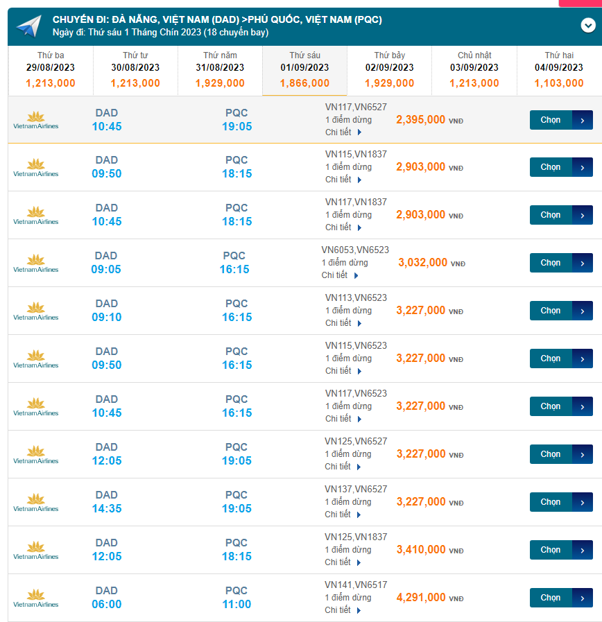 Đà Nẵng (DAD) đến Phú Quốc (PQC) thứ sáu 01/09/2023