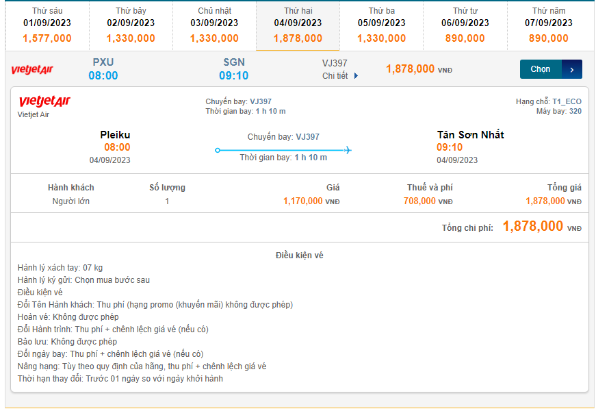 Pleiku (PXU) đến Tân Sơn Nhất (SGN) thứ hai 04/09/2023