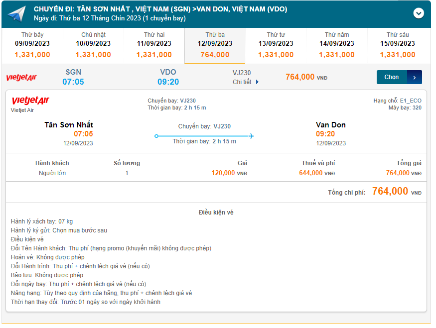 Tân Sơn Nhất (SGN) đến Van Don (VDO) thứ ba 12/09/2023