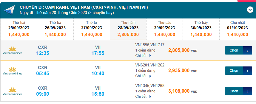 Cam Ranh (CXR) đến Vinh (VII) thứ năm 28/09/2023