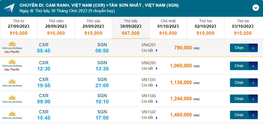 Cam Ranh (CXR) đến Tân Sơn Nhất (SGN) thứ bảy 30/09/2023