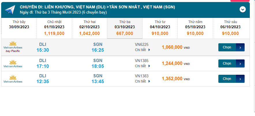 Liên Khương (DLI) đến Tân Sơn Nhất (SGN) thứ ba 03/10/2023