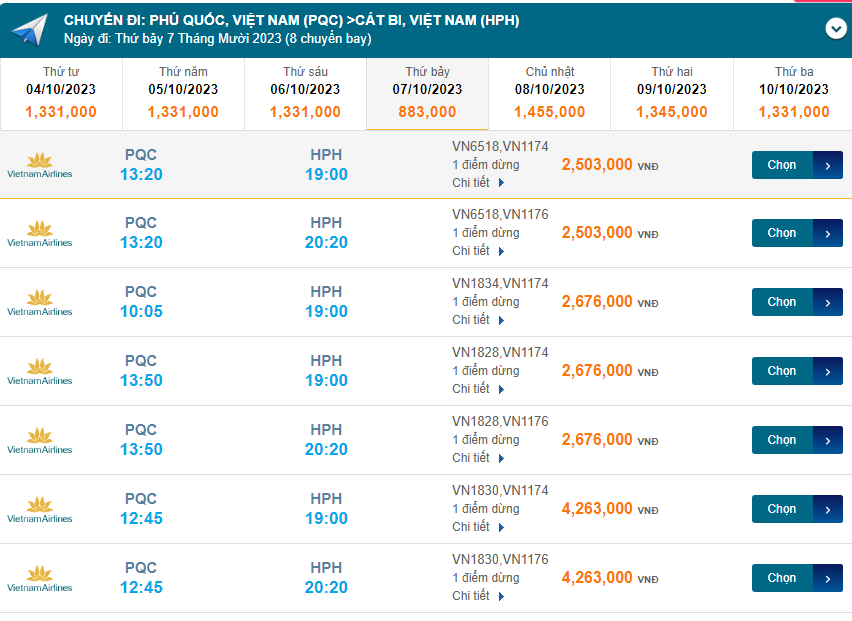 Phú Quốc (PQC) đến Cát Bi (HPH) thứ bảy 07/10/2023