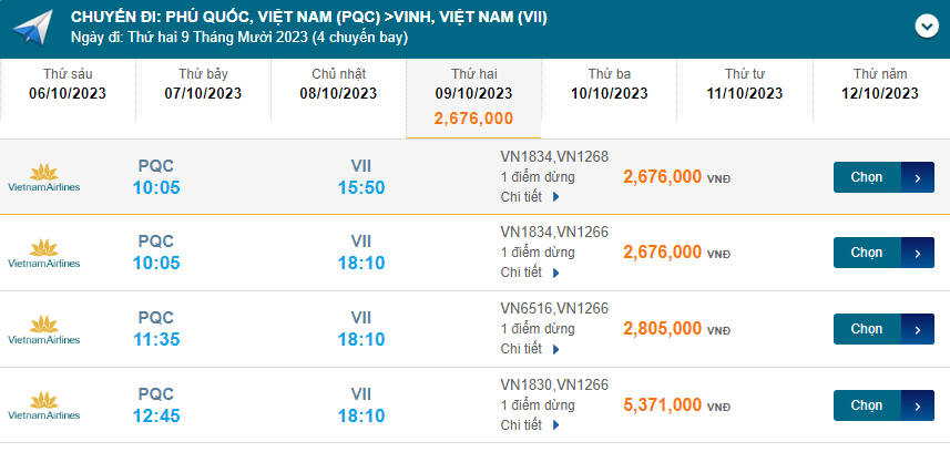 Phú Quốc (PQC) đến Vinh (VII) thứ hai 09/10/2023