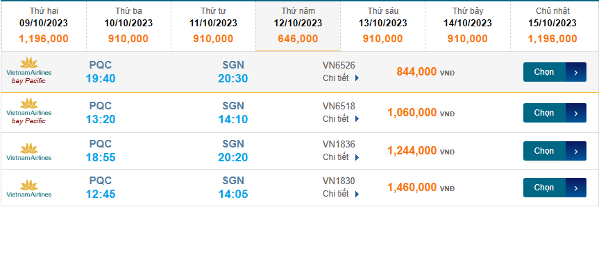 Phú Quốc (PQC) đến Tân Sơn Nhất (SGN) thứ năm 12/10/2023