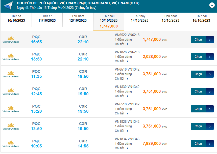 Phú Quốc (PQC) đến Cam Ranh (CXR) thứ sáu 13/10/2023