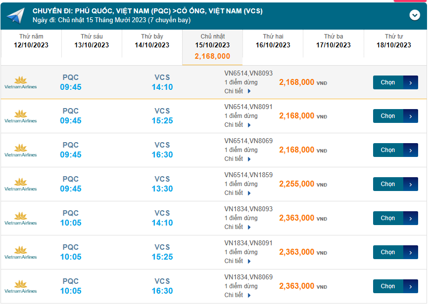 Phú Quốc (PQC) đến Cỏ Ống (VCS) chủ nhật 15/10/2023