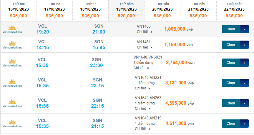 Chu Lai (VCL) đến Tân Sơn Nhất (SGN) thứ năm 19/10/2023